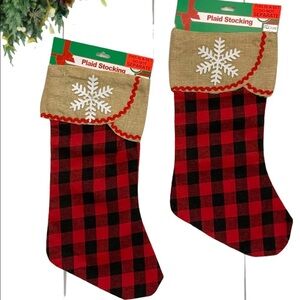 Christmas Stocking Set of 2 Vintage Farmhouse Buffalo Plaid Red Black Burlap